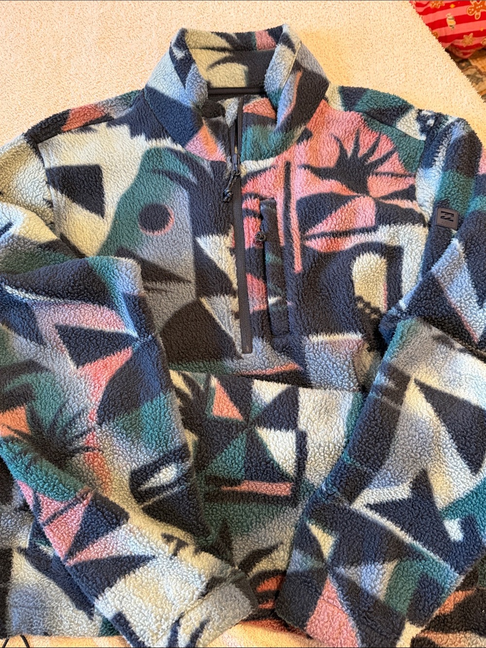 Billabong Men's Geometric Sherpa Zip-Up in Navy, Pink, Teal, Cream